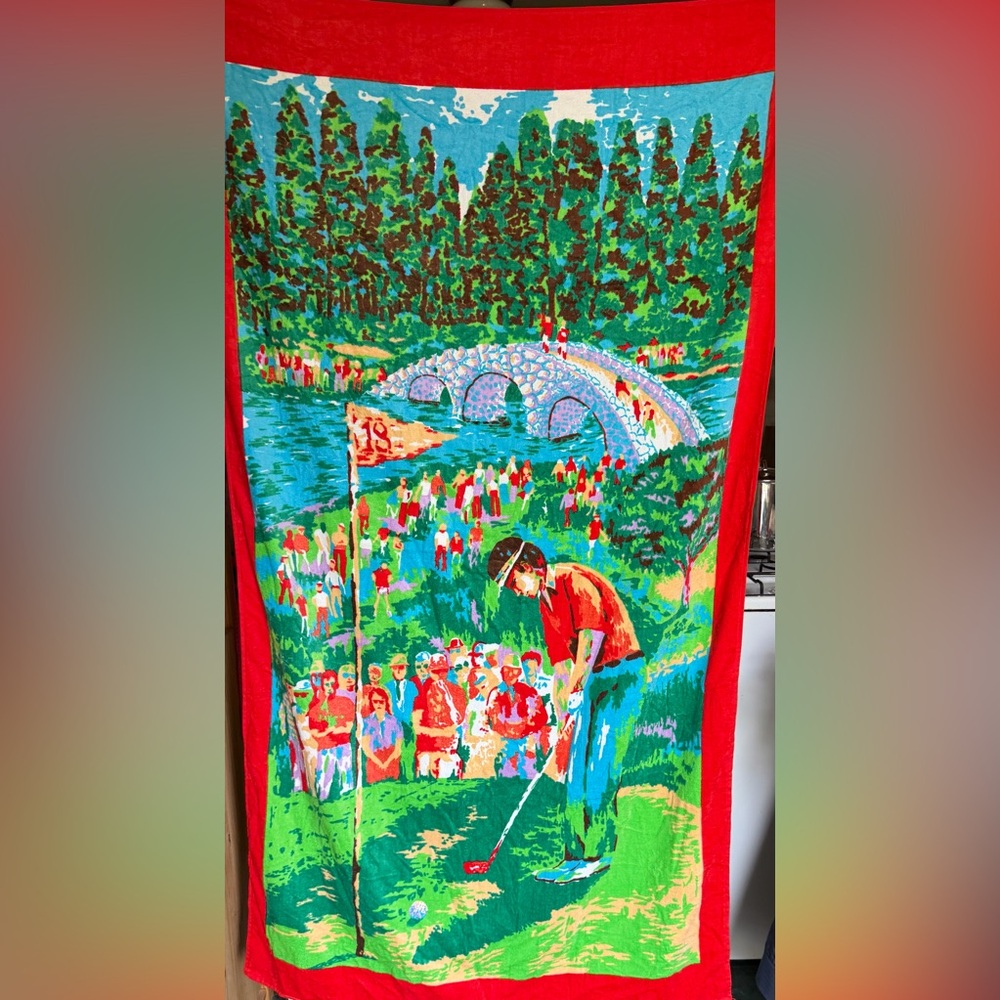 Vintage y2k Vibrant Hot Pink & Green Golf Scene Beach Towel Summer Vacation NWT - Picture 2 of 2